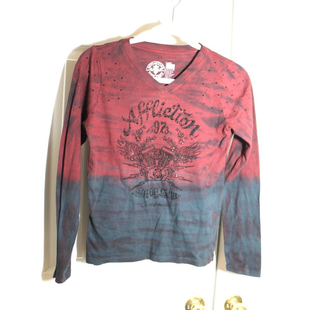 Affliction Girls Dip Dye LS Graphic T-Shirt sz L